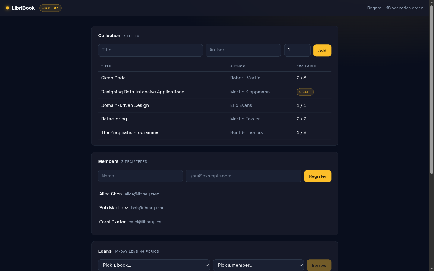 LibriBook desktop screenshot: library collection, members, and loan panel