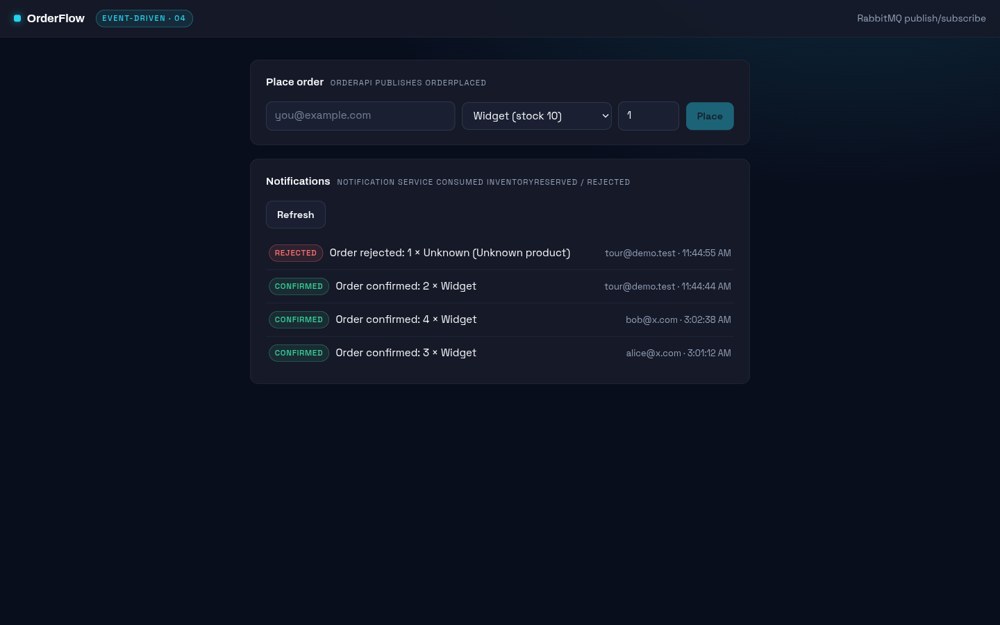 OrderFlow desktop screenshot: order placement and event-driven notification feed