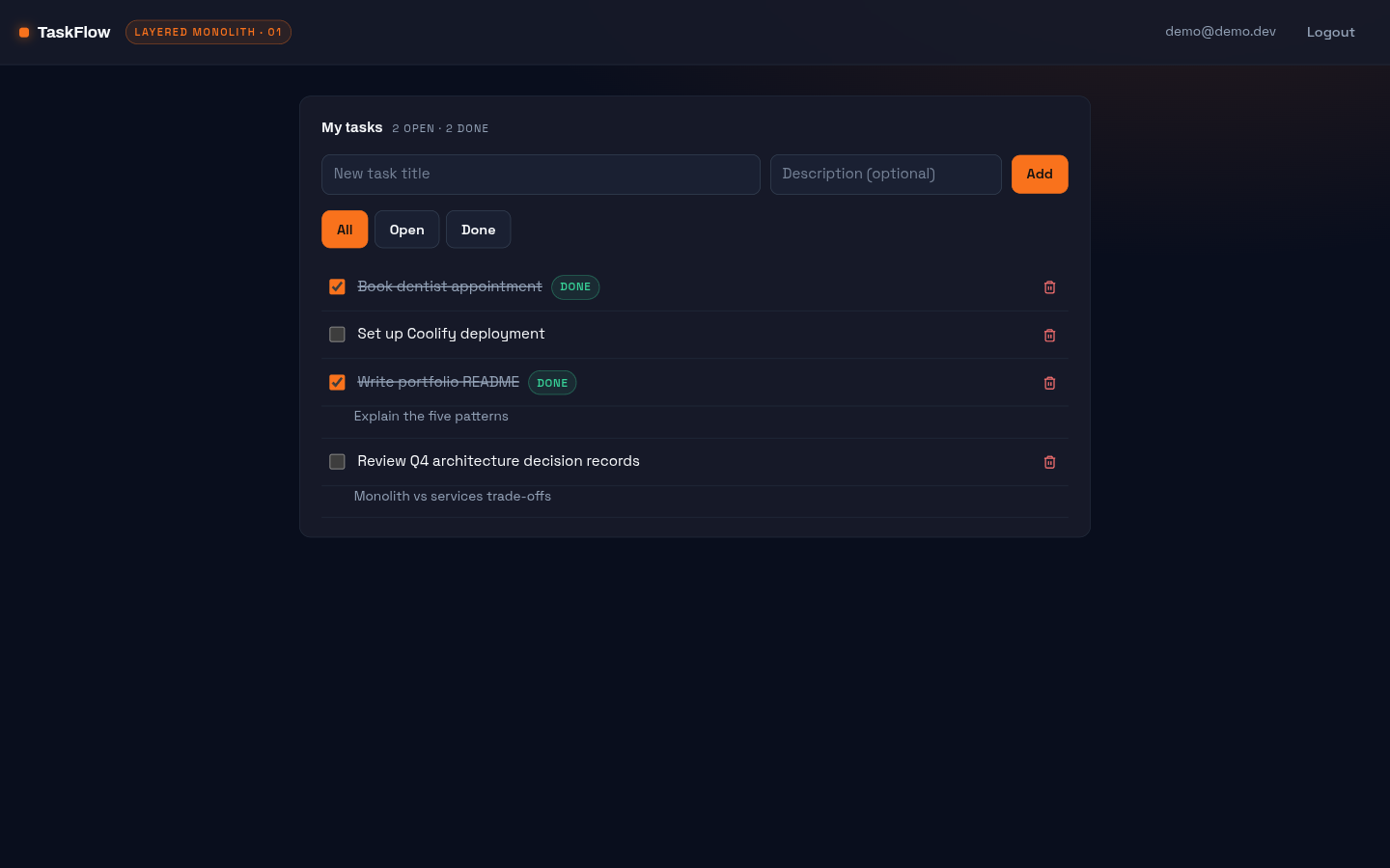 TaskFlow desktop screenshot: task dashboard with filters and completed items